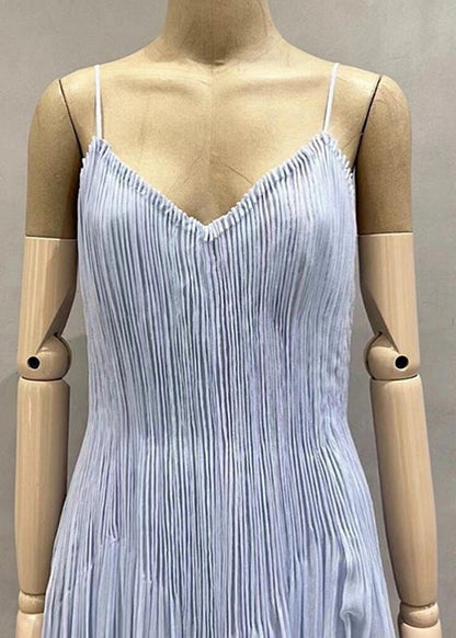 Wrinkled Summer V Chic Spaghetti Dress Neck Strap Blue Cotton FashionChic