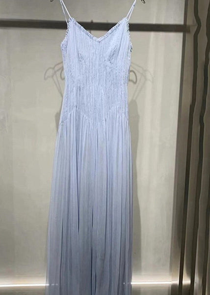 Wrinkled Summer V Chic Spaghetti Dress Neck Strap Blue Cotton FashionChic