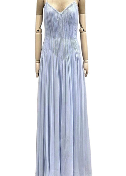 Wrinkled Summer V Chic Spaghetti Dress Neck Strap Blue Cotton FashionChic