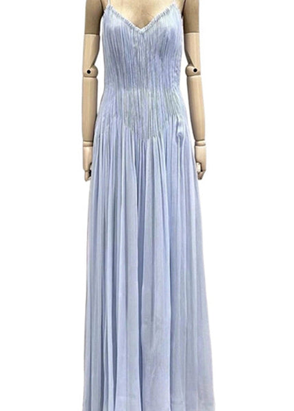 Wrinkled Summer V Chic Spaghetti Dress Neck Strap Blue Cotton FashionChic