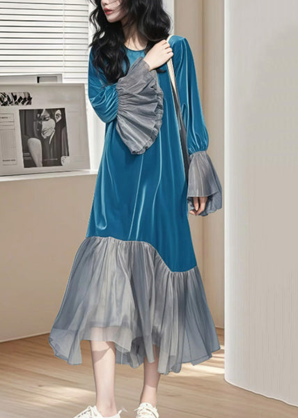 Long Patchwork Sleeve Wrinkled Silk Blue Dress Flare Velvet Chic FashionChic