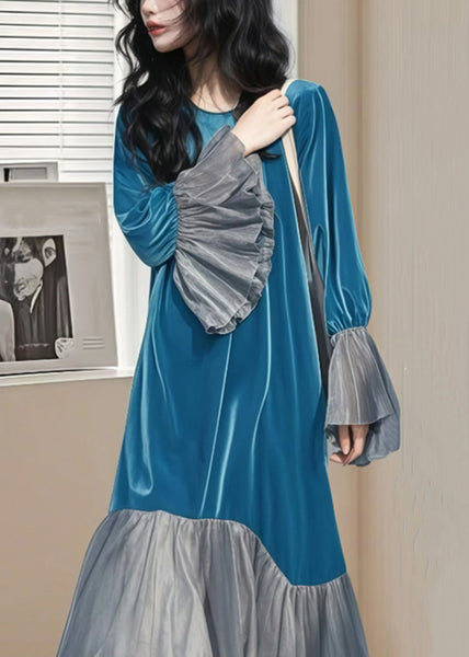 Long Patchwork Sleeve Wrinkled Silk Blue Dress Flare Velvet Chic FashionChic