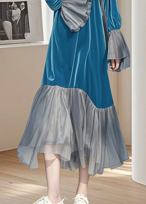 Long Patchwork Sleeve Wrinkled Silk Blue Dress Flare Velvet Chic FashionChic