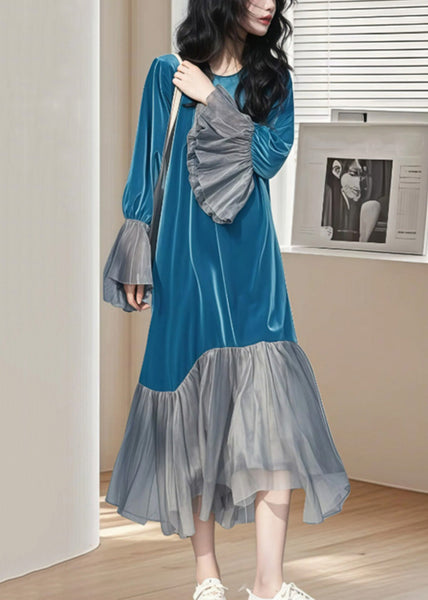 Long Patchwork Sleeve Wrinkled Silk Blue Dress Flare Velvet Chic FashionChic
