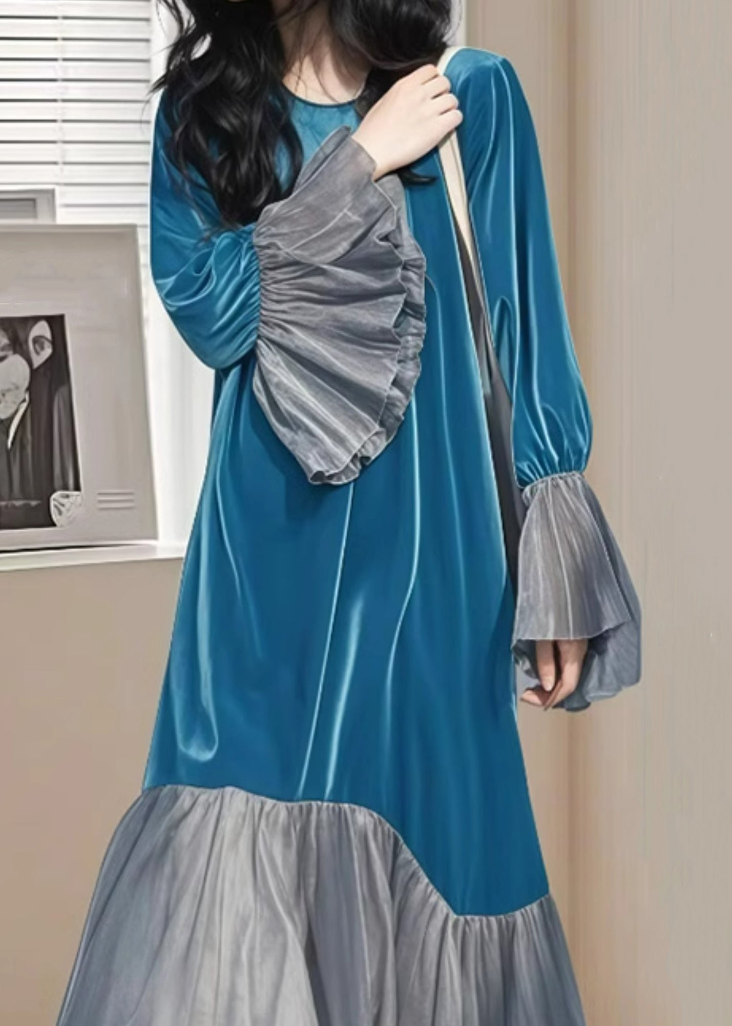 Long Patchwork Sleeve Wrinkled Silk Blue Dress Flare Velvet Chic FashionChic