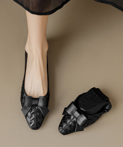 Soft Bow Sheepskin Splicing Chic Flats Black Comfy FashionChic