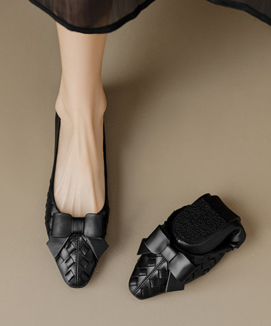 Soft Bow Sheepskin Splicing Chic Flats Black Comfy FashionChic