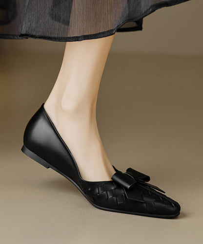 Soft Bow Sheepskin Splicing Chic Flats Black Comfy FashionChic