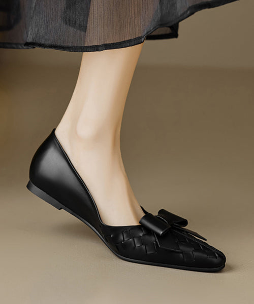 Soft Bow Sheepskin Splicing Chic Flats Black Comfy FashionChic