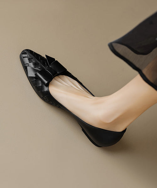 Soft Bow Sheepskin Splicing Chic Flats Black Comfy FashionChic