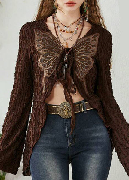 Chic Up Cotton Patchwork Lace Cardigan Brown Knitting Butterfly FashionChic