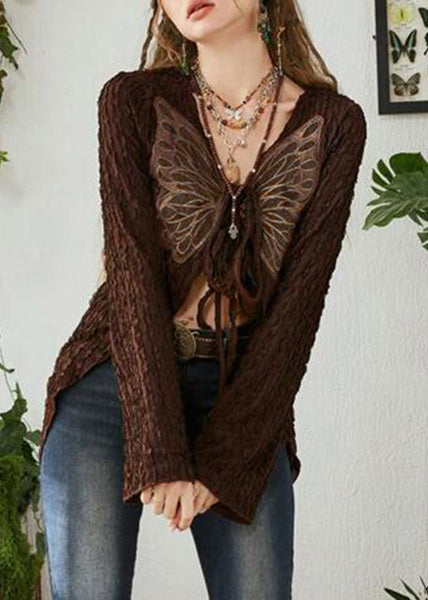 Chic Up Cotton Patchwork Lace Cardigan Brown Knitting Butterfly FashionChic