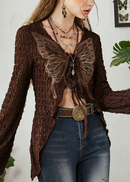 Chic Up Cotton Patchwork Lace Cardigan Brown Knitting Butterfly FashionChic