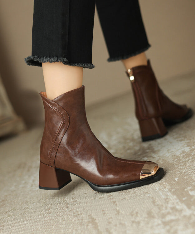 Chic Brown Cowhide Leather Zippered Splicing Chunky Heel Boots WT013 shoe-XZ241030