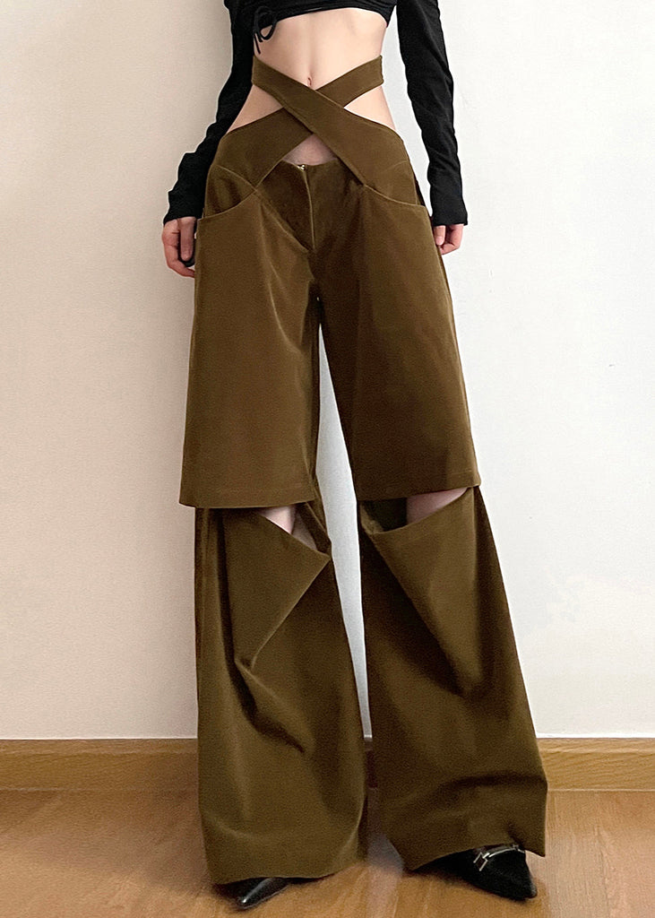 Chic Brown Hollow Out Pockets Cotton Wide Leg Pants Fall AW1008 OM-NZ240827