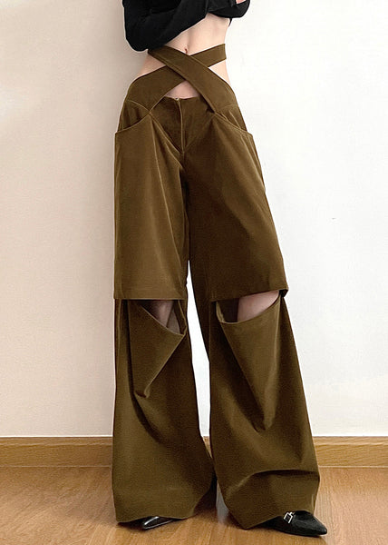 Chic Brown Hollow Out Pockets Cotton Wide Leg Pants Fall AW1008 OM-NZ240827