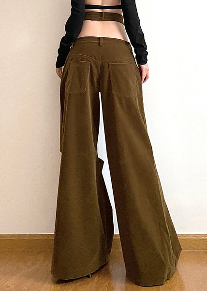 Chic Brown Hollow Out Pockets Cotton Wide Leg Pants Fall AW1008 OM-NZ240827