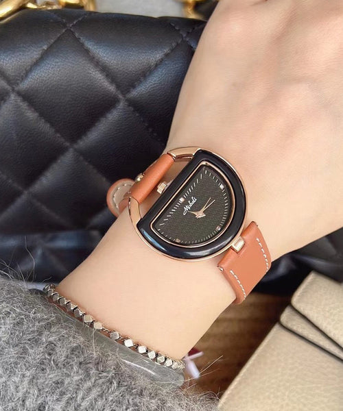 Leather Brown Alloy Chic Crystal Semicircle Watches Hardlex FashionChic