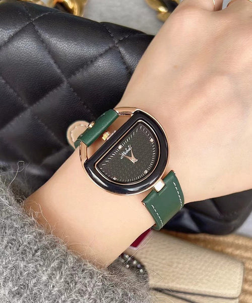 Leather Brown Alloy Chic Crystal Semicircle Watches Hardlex FashionChic