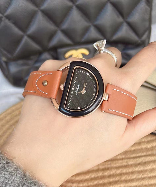 Leather Brown Alloy Chic Crystal Semicircle Watches Hardlex FashionChic