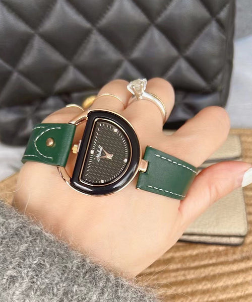 Leather Brown Alloy Chic Crystal Semicircle Watches Hardlex FashionChic