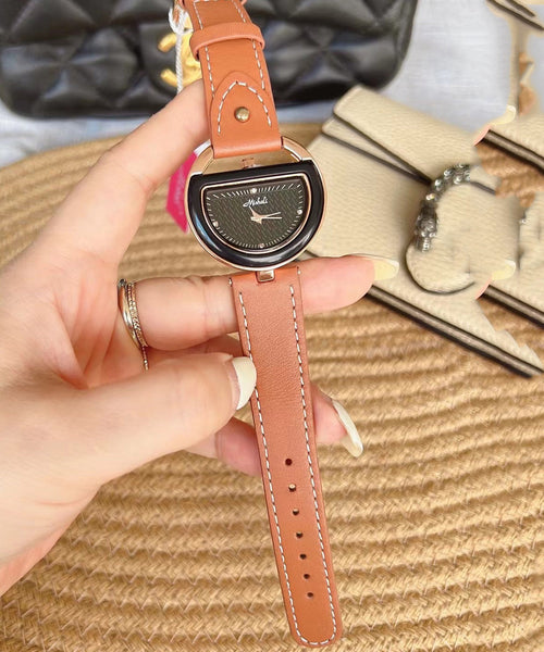 Leather Brown Alloy Chic Crystal Semicircle Watches Hardlex FashionChic