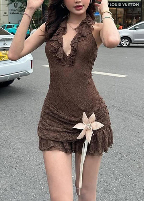 Patchwork Chic Dress Halter Lace Ruffled Sleeveless Brown FashionChic