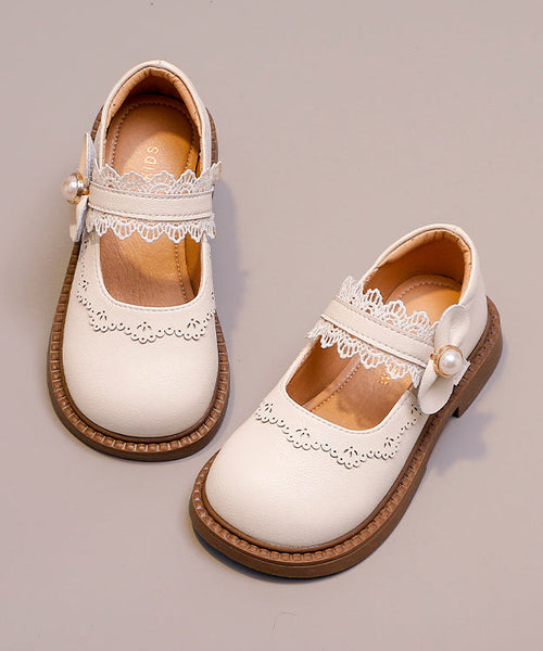 Leather Kids Chic Faux Girls Loafers Beige Strap Buckle FashionChic