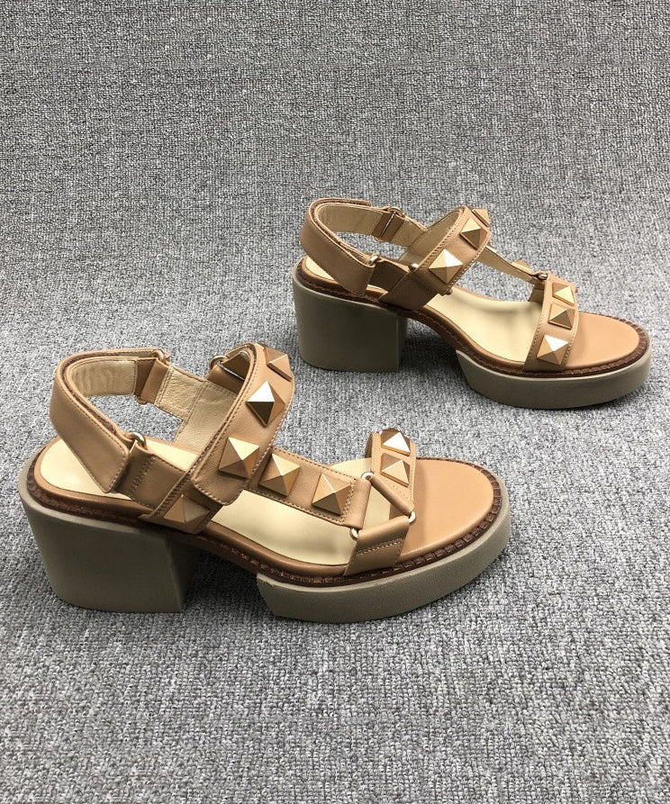 Chic Camel Rivet Chunky Cowhide Leather Sandals RT1029 Ada Fashion
