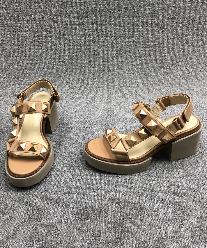 Chic Camel Rivet Chunky Cowhide Leather Sandals RT1029 Ada Fashion