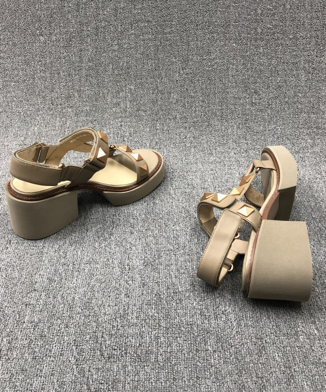 Chic Camel Rivet Chunky Cowhide Leather Sandals RT1029 Ada Fashion