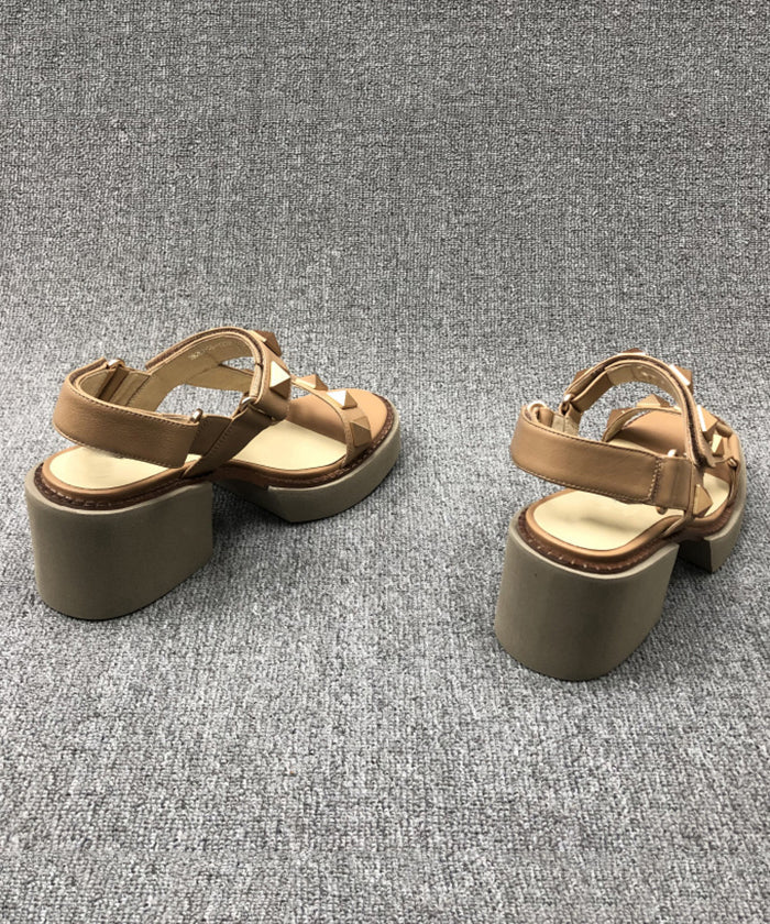 Chic Camel Rivet Chunky Cowhide Leather Sandals RT1029 Ada Fashion