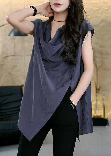 Tops Sleeveless Side Asymmetrical Solid Open Coffee Chic FashionChic