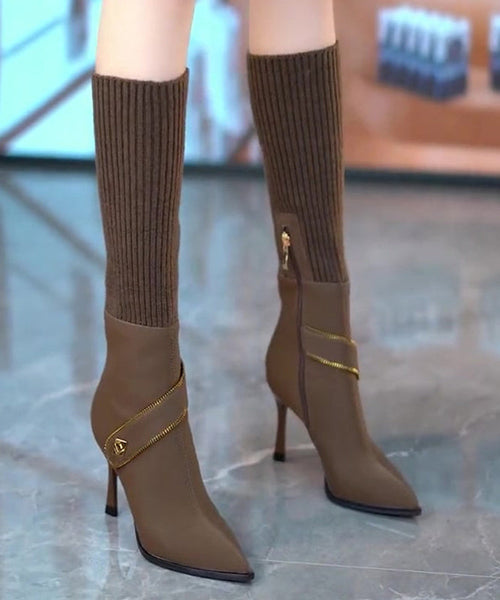 Chic Coffee Elastic Knitting Splicing Faux Leather Heel Boots TE024 ABC