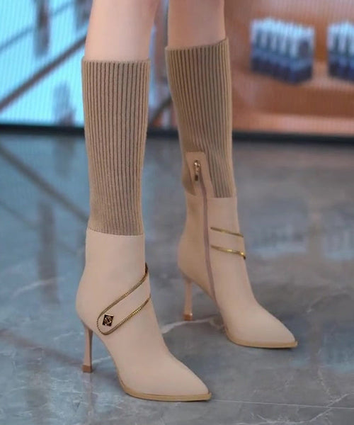 Chic Coffee Elastic Knitting Splicing Faux Leather Heel Boots TE024 ABC
