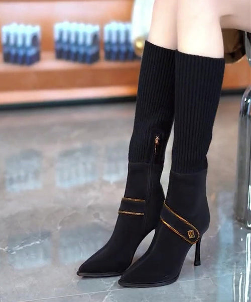 Chic Coffee Elastic Knitting Splicing Faux Leather Heel Boots TE024 ABC