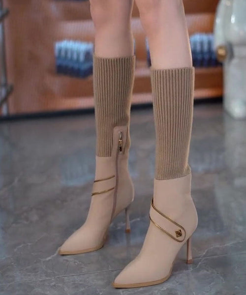 Chic Coffee Elastic Knitting Splicing Faux Leather Heel Boots TE024 ABC