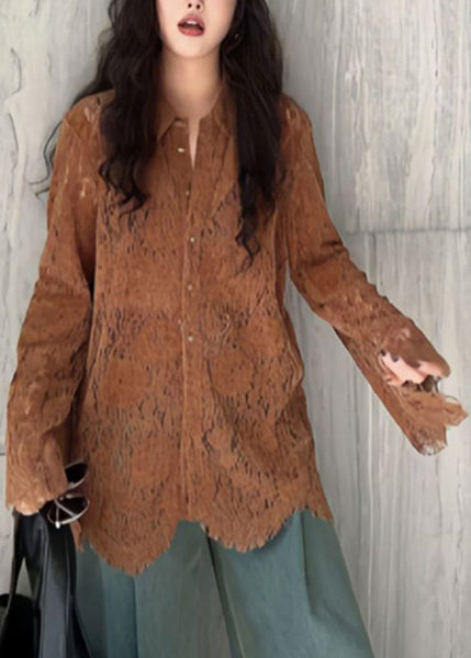Chic Coffee Peter Pan Collar Button Lace Shirt Flare Sleeve TR019 MZF-LTP240727