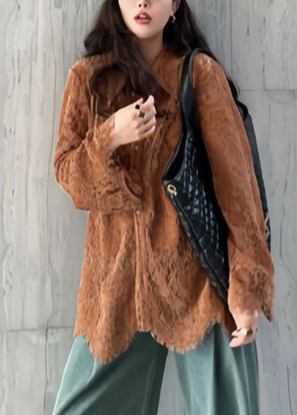 Chic Coffee Peter Pan Collar Button Lace Shirt Flare Sleeve TR019 MZF-LTP240727