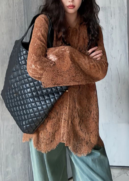 Chic Coffee Peter Pan Collar Button Lace Shirt Flare Sleeve TR019 MZF-LTP240727