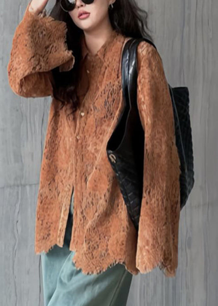 Chic Coffee Peter Pan Collar Button Lace Shirt Flare Sleeve TR019 MZF-LTP240727