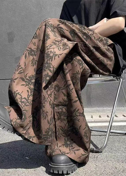 Cotton Leg Wide Print High Waist Men Chic Summer Coffee Pants FashionChic