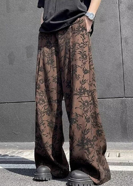 Cotton Leg Wide Print High Waist Men Chic Summer Coffee Pants FashionChic