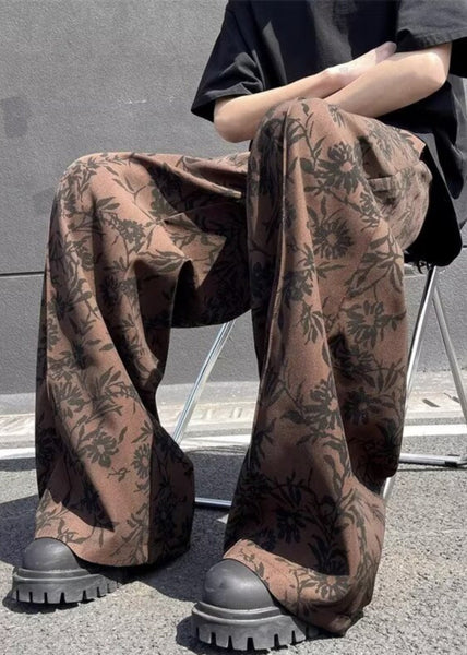 Cotton Leg Wide Print High Waist Men Chic Summer Coffee Pants FashionChic