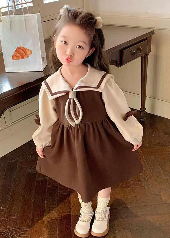 Chic Coffee Sailor Collar Patchwork Cotton Girls Dresses Long Sleeve XZ022 FALL-MM-RCTZ-FDGL240618