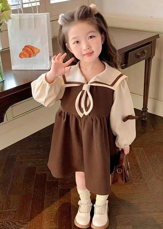 Chic Coffee Sailor Collar Patchwork Cotton Girls Dresses Long Sleeve XZ022 FALL-MM-RCTZ-FDGL240618