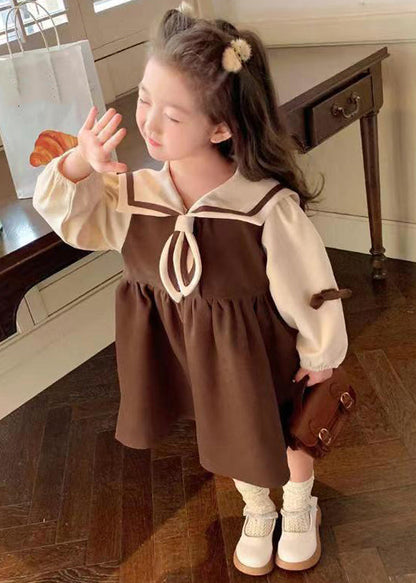 Chic Coffee Sailor Collar Patchwork Cotton Girls Dresses Long Sleeve XZ022 FALL-MM-RCTZ-FDGL240618