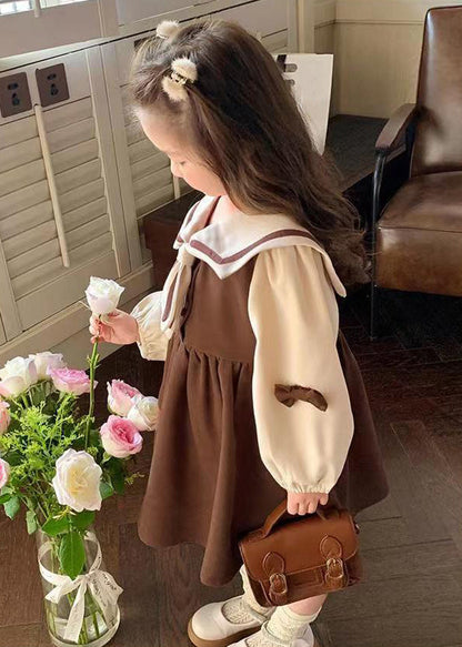 Chic Coffee Sailor Collar Patchwork Cotton Girls Dresses Long Sleeve XZ022 FALL-MM-RCTZ-FDGL240618
