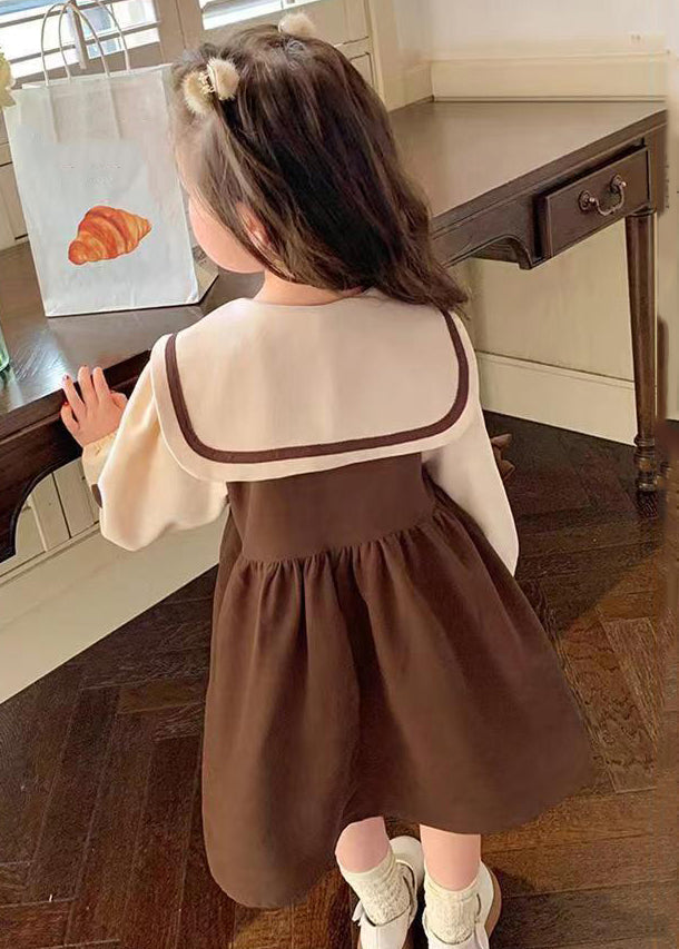 Chic Coffee Sailor Collar Patchwork Cotton Girls Dresses Long Sleeve XZ022 FALL-MM-RCTZ-FDGL240618