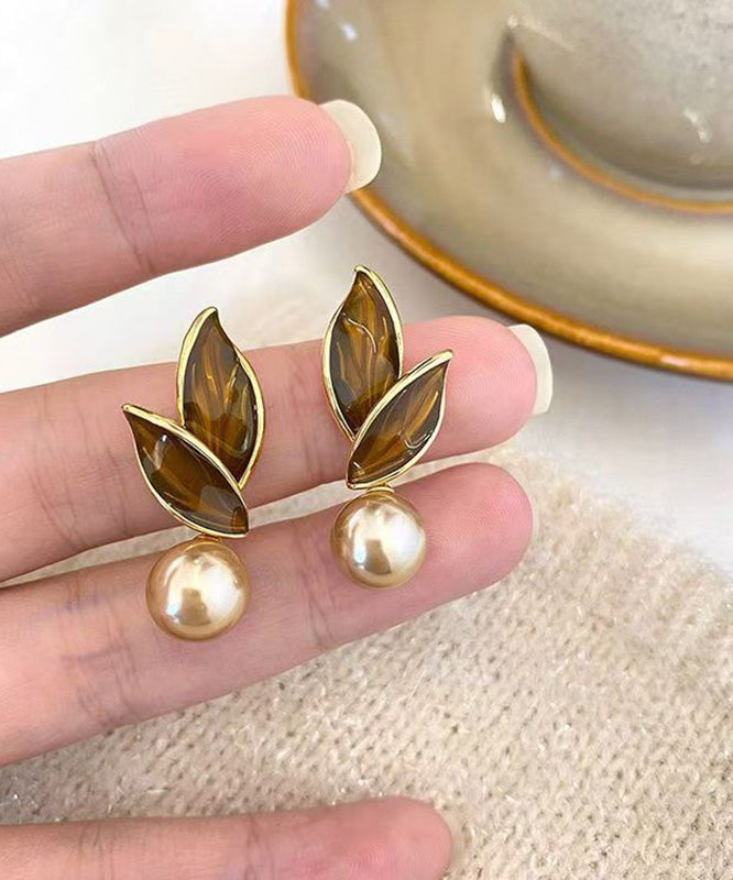 Chic Coffee Sterling Silver Alloy Pearl Leaf Stud Earrings EY020 ABC